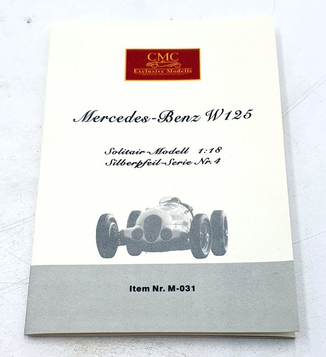 CMC 1/18 Scale Diecast M-052 Mercedes Benz W125 1937 #12 - Silver