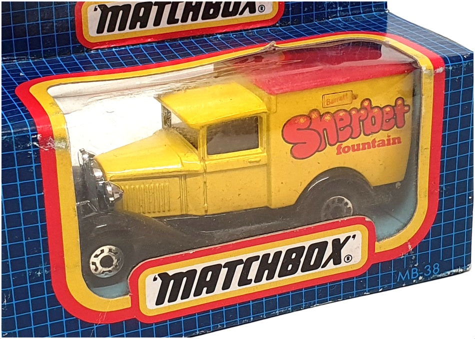 Matchbox 8cm Long Diecast MB-38 - Ford Model A Van "Barratt" Yellow/Red