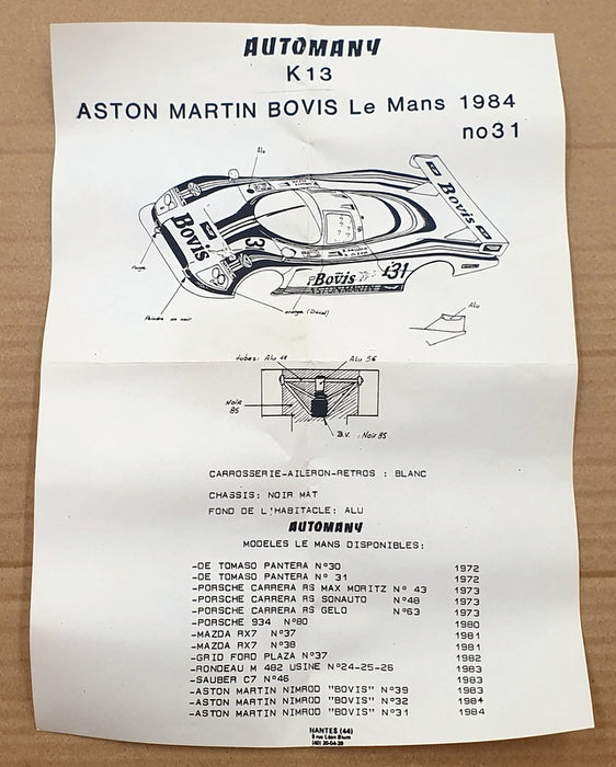 Automany 1/43 Scale Kit PM2924K - Aston Martin Bovis #31 Le Mans 1984