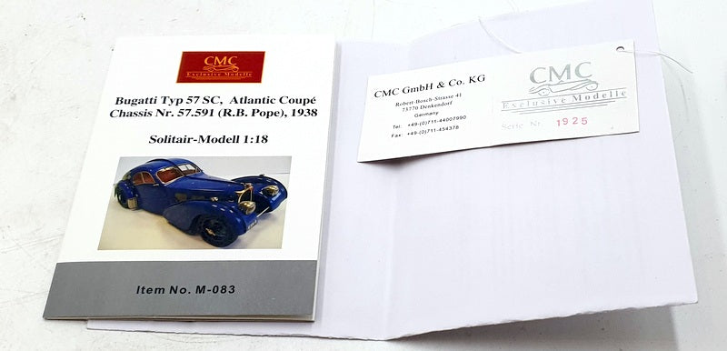 CMC 1/18 Scale Diecast M-083 Bugatti Typ 57 SC Atlantic Coupe 1938 - Blue