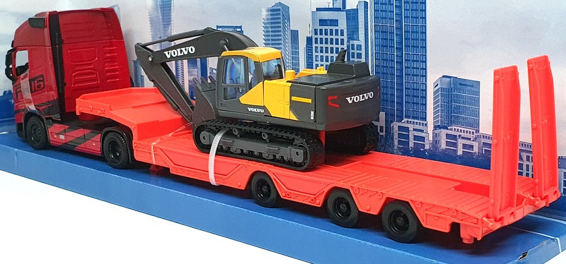 Burago 1/43 Scale 18-32312 - Volvo FH16 Truck & Volvo Excavator - Red