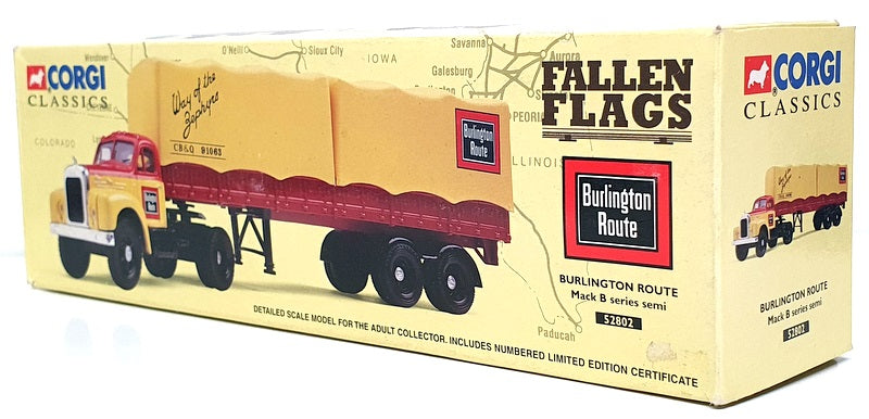 Corgi 1/50 Scale 52802 - Mack B Series Semi Truck (Burlington Route) Beige/Red