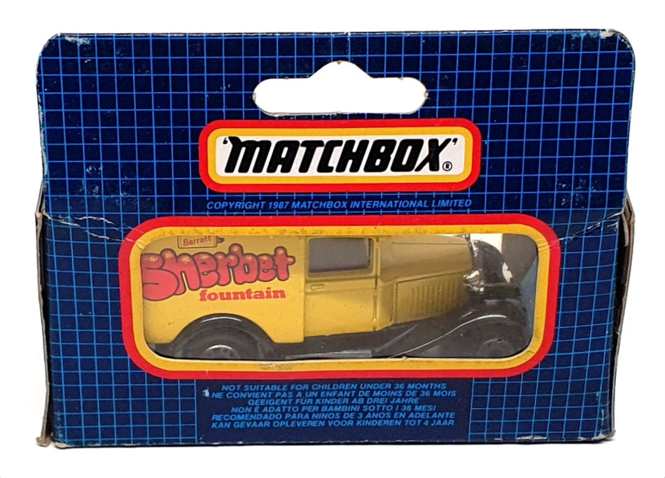 Matchbox 8cm Long Diecast MB-38 - Ford Model A Van "Barratt" Yellow/Red