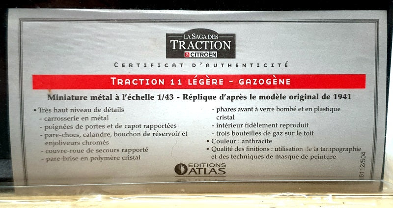 Atlas Editions 1/43 Scale 6112/504 - 1941 Citroen Traction Lagere Gazogene Grey