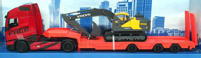 Burago 1/43 Scale 18-32312 - Volvo FH16 Truck & Volvo Excavator - Red