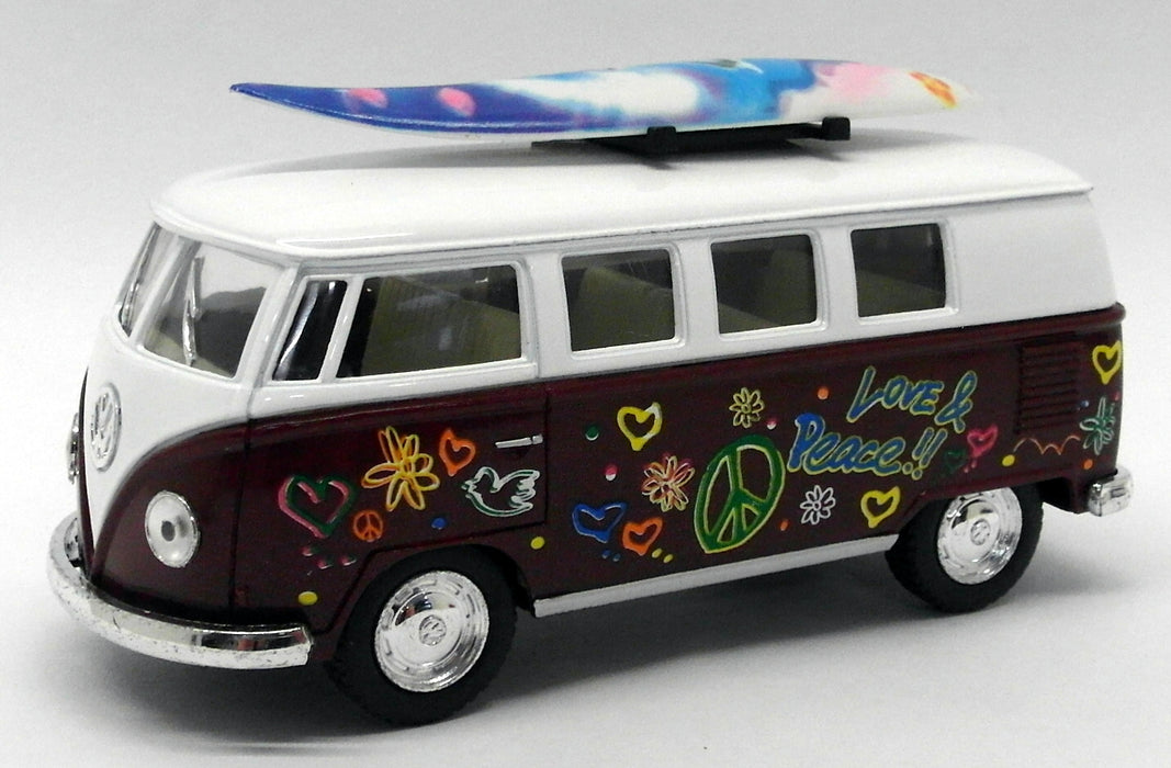 1962 VW Camper w/ Surfboard - Maroon - Kinsmart Pull Back & Go Metal Model Car