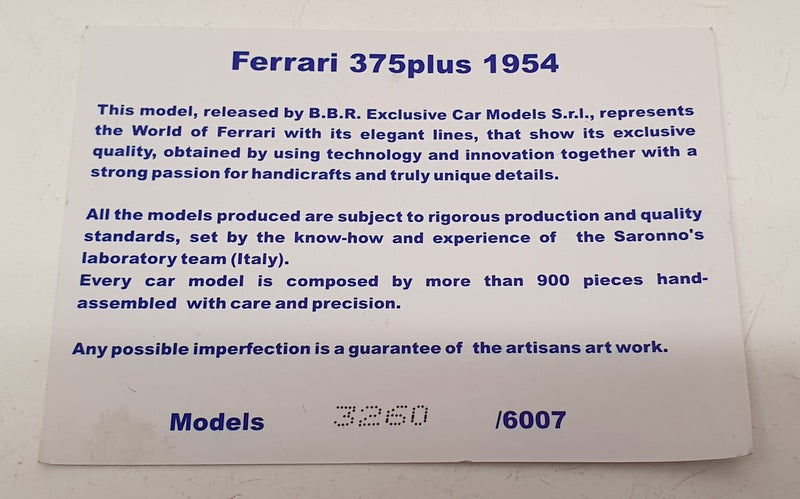 BBRModels 1/18 Scale BBR180002 - 1954 Ferrari 375 Plus - Red