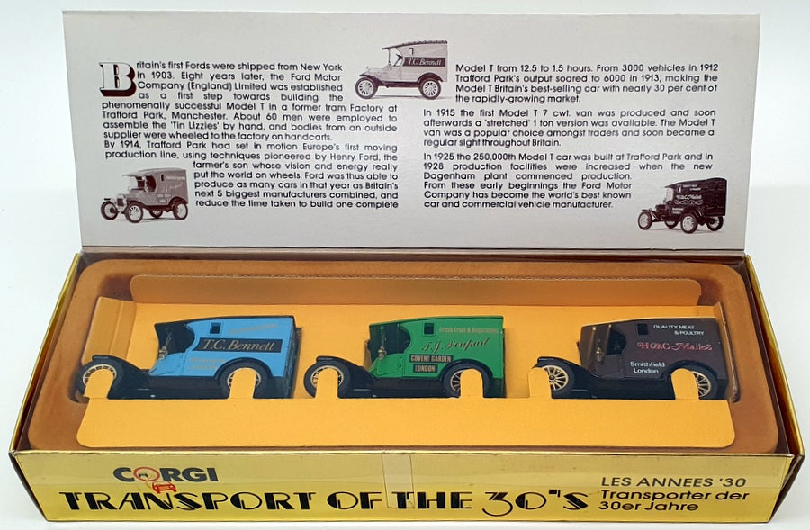 Corgi Appx 9cm Long Diecast C3P09 - 3 Ford Model T Vans - Transport Of The 30s